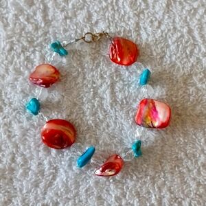 Candy Gem Bracelet Coral, Turquoise, and Faceceted Clear Crystal